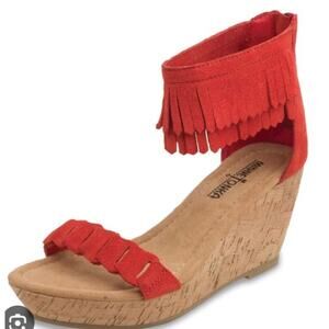 Minnetonka‎ Nicki orange fringe leather cork wedge sandals size 9